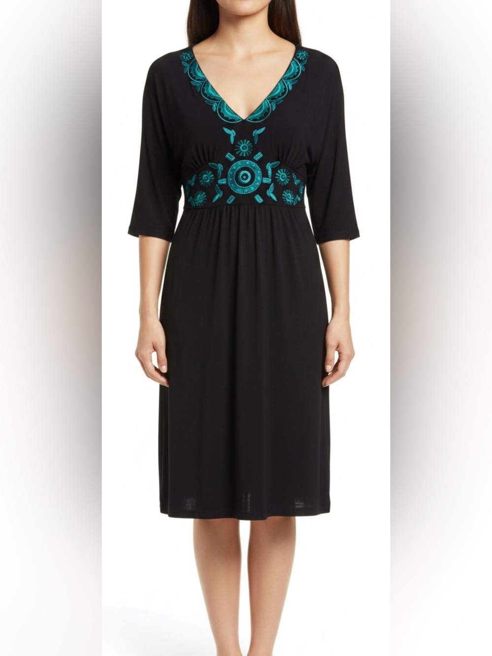 B. Darlin Black Turquoise Embroidered Short Sleeve Tie Dress Size 7/8 (Medium)